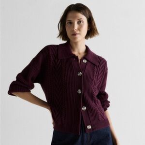 Quince wool cable knit cardigan in borolo burgundy
